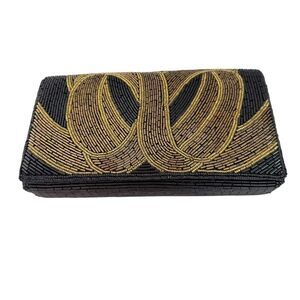 Vintage LENNOX Bags Clutch with‎ Black Gold Sequins 8.5 x 5